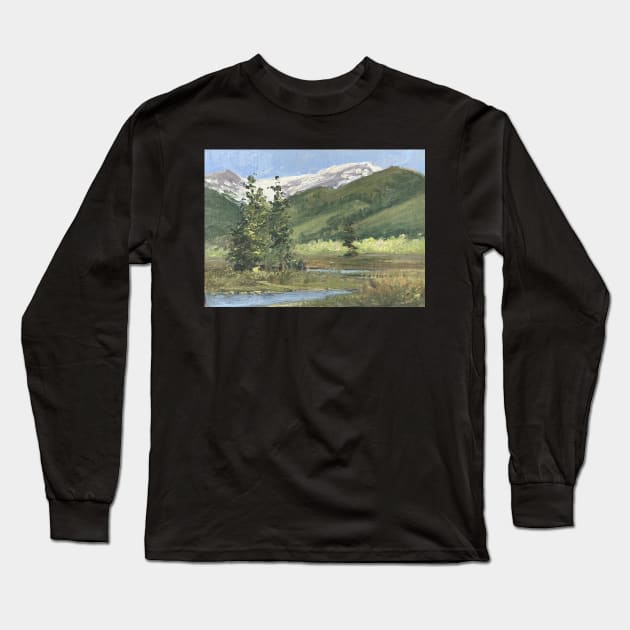 Mountains and Trees Oil on Canvas Long Sleeve T-Shirt by Gallery Digitals
